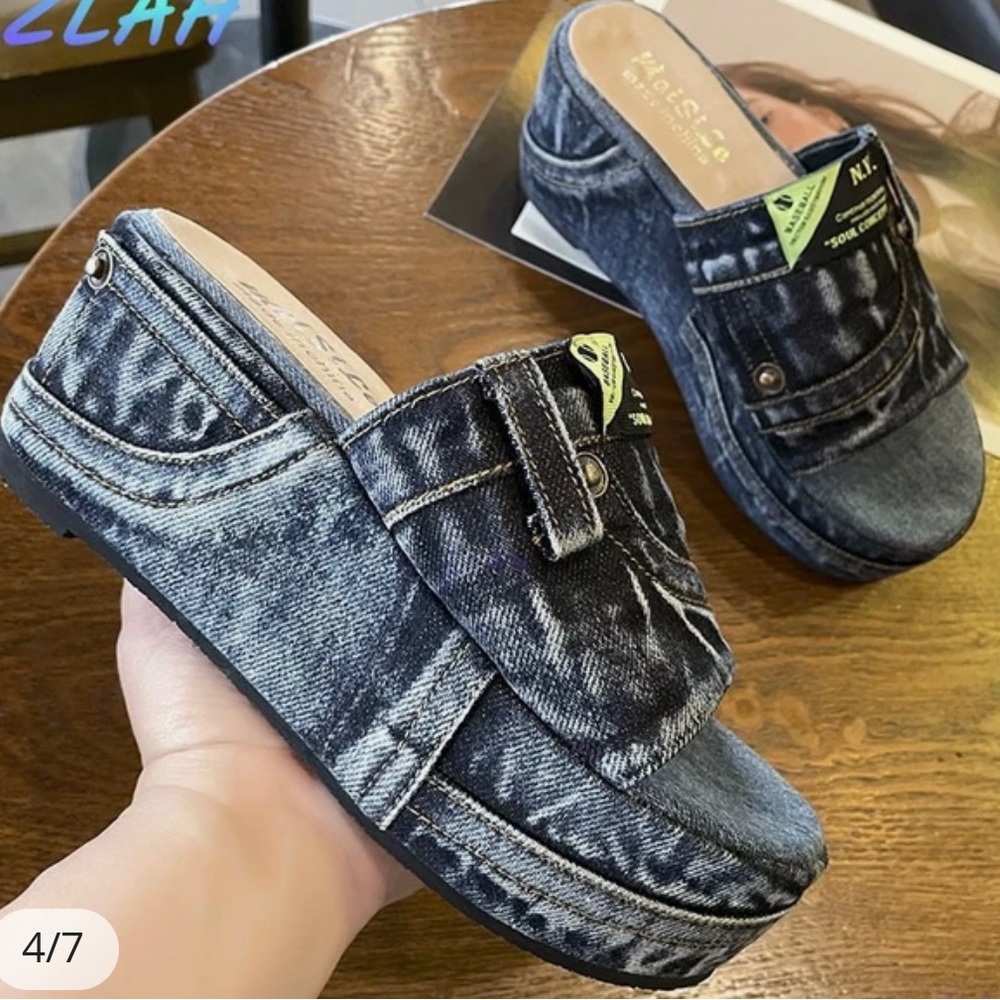MeiSiLe brand platform, bohemian slide wedge.
denim slip ons.